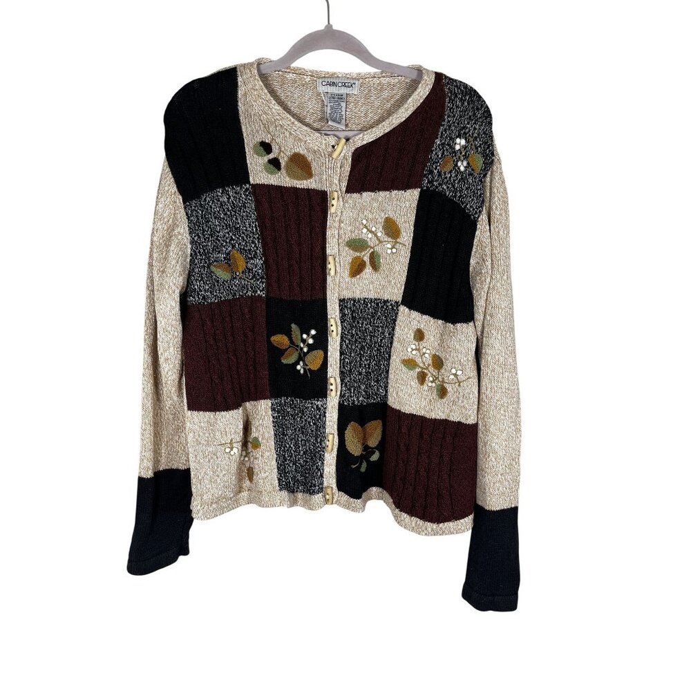 Neutral Patchwork Knit Sweater Cardigan Brown XL Country Farmhouse Earthy Boho